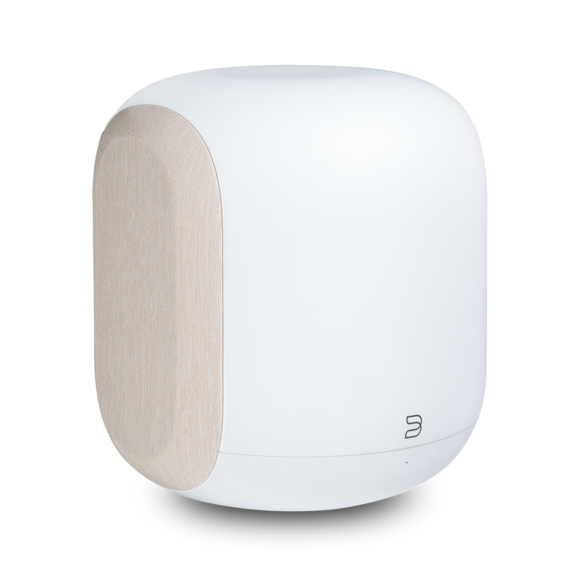 Bluesound PULSE SUB SW200 — White/Tan — three-quarter view
