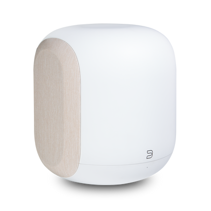 Bluesound PULSE SUB SW200 — White/Tan — three-quarter view
