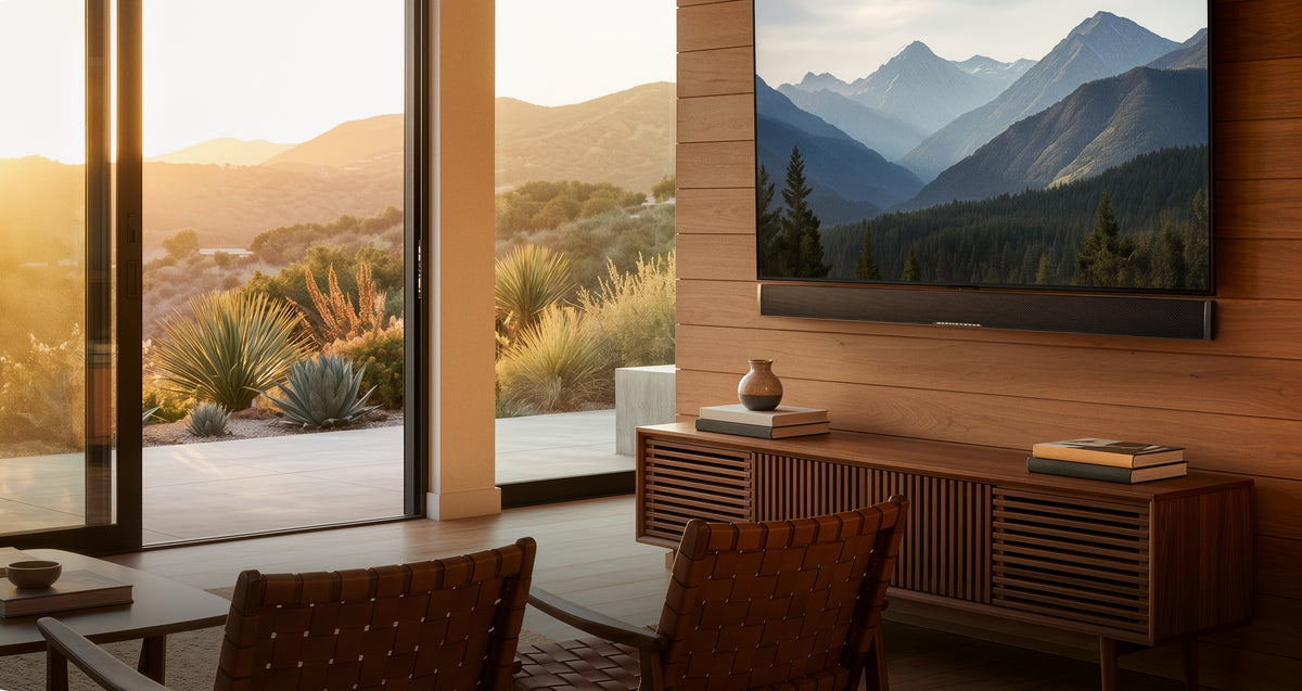 MartinLogan Discrete Cinema series soundbar installed below a TV in a living room — official lifestyle image