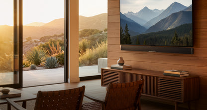 MartinLogan Discrete Cinema series soundbar installed below a TV in a living room — official lifestyle image